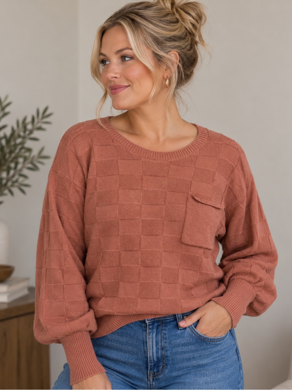 Dusty Rose Checkered Knit Balloon Sleeve Sweater